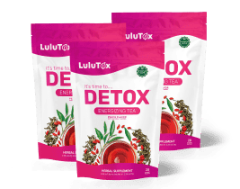 Lulutox Detox Tea packaging — a 28-day herbal tea blend